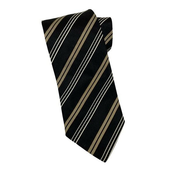 Boss‎ Hugo Boss Silk Blend Black Taupe White  Striped Necktie - Picture 1 of 3